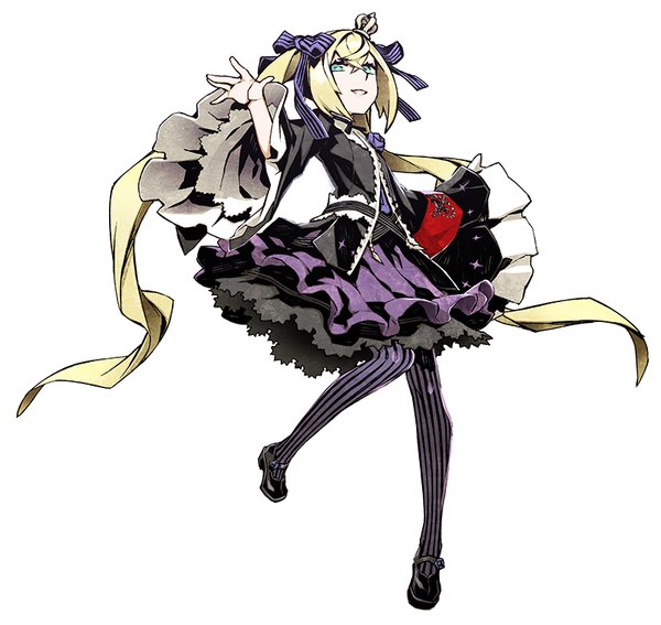 Anime-Bild 800x757 mit 7th dragon 7th dragon 2020 hacker (7th dragon) miwa shirow single fringe blue eyes simple background blonde hair hair between eyes standing white background twintails full body wide sleeves looking down standing on one leg lolita fashion goth-loli girl
