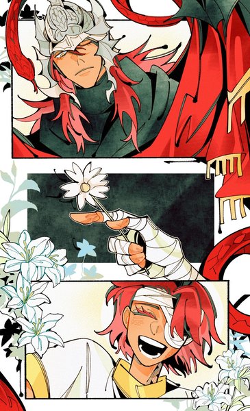 Anime-Bild 1000x1643 mit elden ring malenia blade of miquella messmer the impaler drenched-in-sunlight long hair tall image fringe short hair smile hair between eyes holding red hair eyes closed one eye closed siblings comic girl boy flower (flowers) bandage (bandages)