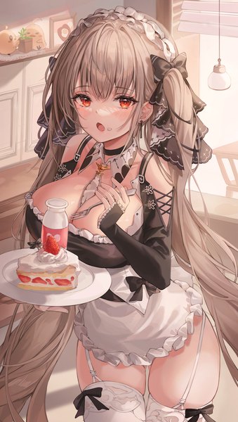 Anime picture 1293x2288 with azur lane manjuu (azur lane) formidable (azur lane) lujang (fudge) single long hair tall image looking at viewer fringe breasts open mouth light erotic red eyes large breasts standing twintails bare shoulders holding indoors blunt bangs