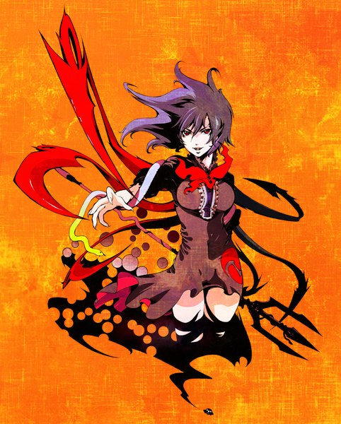 Anime picture 1200x1493 with touhou houjuu nue ichizen (o tori) single long hair tall image looking at viewer breasts open mouth red eyes large breasts holding multicolored hair fingernails teeth fang (fangs) outstretched arm orange background girl dress