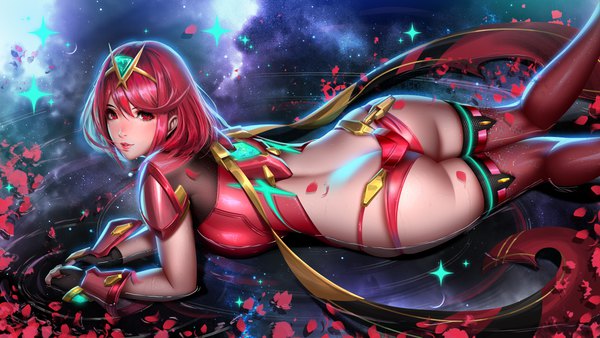 Anime picture 4000x2250 with xenoblade xenoblade 2 pyra (xenoblade) liang xing single looking at viewer fringe highres short hair light erotic hair between eyes red eyes wide image absurdres red hair lying from above partially submerged turning head on stomach