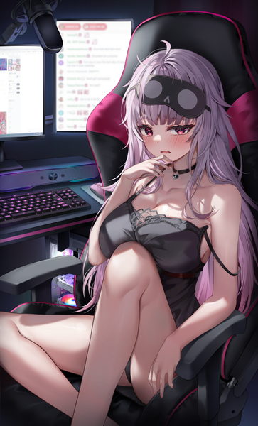 Anime picture 1200x1985 with virtual youtuber hololive hololive english mori calliope mori calliope (6th costume) shuvi (shuvi1125) single long hair tall image looking at viewer blush fringe breasts open mouth light erotic large breasts sitting bare shoulders pink hair ahoge
