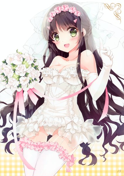 Anime picture 2841x4043 with kono naka ni hitori imouto ga iru! tsuruma konoe mottsun single long hair tall image looking at viewer blush highres open mouth light erotic black hair white background green eyes scan cameltoe half updo wedding girl thighhighs