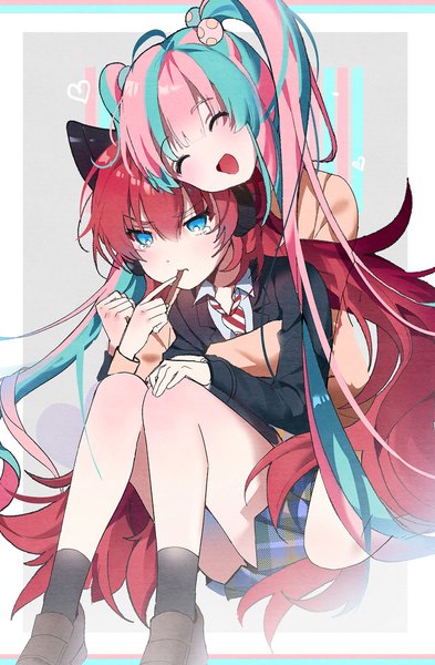 Anime picture 700x1068 with bang dream! chu2 (bang dream!) pareo (bang dream!) kongya long hair tall image blush fringe open mouth blue eyes simple background smile hair between eyes sitting twintails multiple girls pink hair bent knee (knees) red hair eyes closed