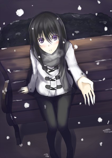 Anime picture 1000x1414 with original kauto single long hair tall image looking at viewer blush black hair purple eyes from above snowing winter exhalation girl scarf