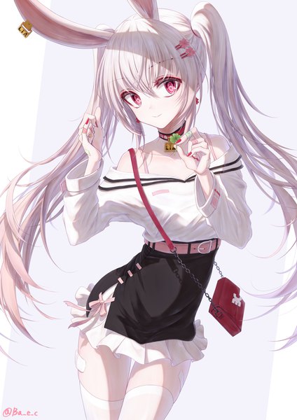 Anime picture 2894x4093 with tsumi no hahen (debris) lia (bae.c) bae.c single long hair tall image looking at viewer blush fringe highres simple background smile hair between eyes standing bare shoulders holding signed animal ears payot white hair