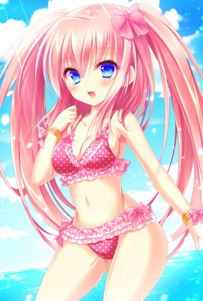 Anime picture 689x1020 with original riko (kujira215) single long hair tall image looking at viewer blush open mouth blue eyes light erotic twintails pink hair sky cloud (clouds) girl navel swimsuit bikini bracelet sea