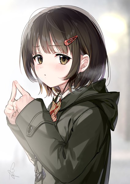 Anime picture 4299x6070 with original almic single tall image looking at viewer blush fringe highres short hair black hair brown eyes signed absurdres upper body blunt bangs long sleeves blurry depth of field exhalation fingers together