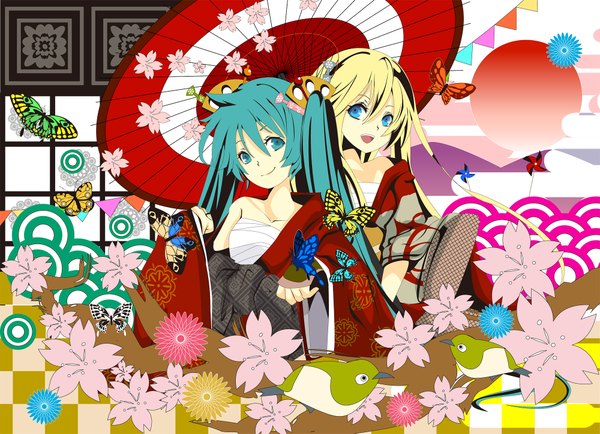 イラスト 2000x1449 と ボーカロイド 初音ミク lily (vocaloid) 咲里キリコ 長髪 highres 開いた口 青い目 金髪 multiple girls 緑の目 green hair 女の子 花 2人女子 虫 蝶 傘