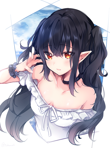 Anime picture 1505x2021 with virtual youtuber chucolala mashiro kanon fukunoki tokuwa single long hair tall image looking at viewer blush fringe open mouth black hair hair between eyes white background bare shoulders payot sky cloud (clouds) upper body arm up