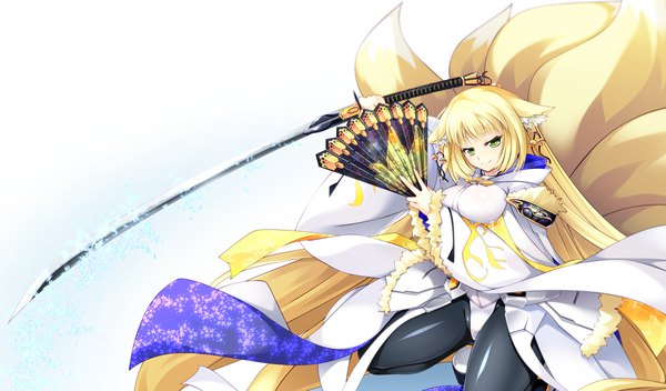 Anime picture 1700x1000 with kyoukai senjou no horizon mogami yoshiaki (horizon) tebukuro single looking at viewer fringe breasts light erotic blonde hair simple background wide image white background holding green eyes animal ears payot bent knee (knees) tail very long hair traditional clothes