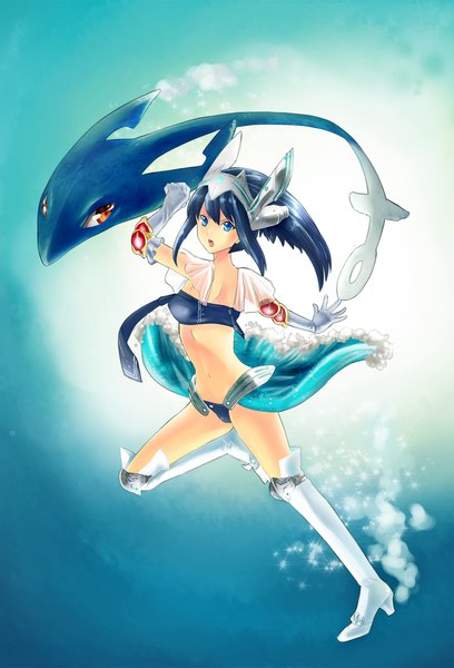 Anime picture 1029x1514 with original noma towel (artist) tall image looking at viewer short hair open mouth blue eyes light erotic blue hair full body underwater girl gloves navel underwear boots fish (fishes)