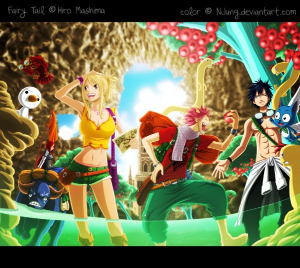 Anime picture 1200x1070 with fairy tail lucy heartfilia erza scarlet natsu dragneel gray fullbuster happy (fairy tail) plue natilokijung long hair fringe short hair open mouth black hair blonde hair smile multiple girls brown eyes pink hair sky cloud (clouds)