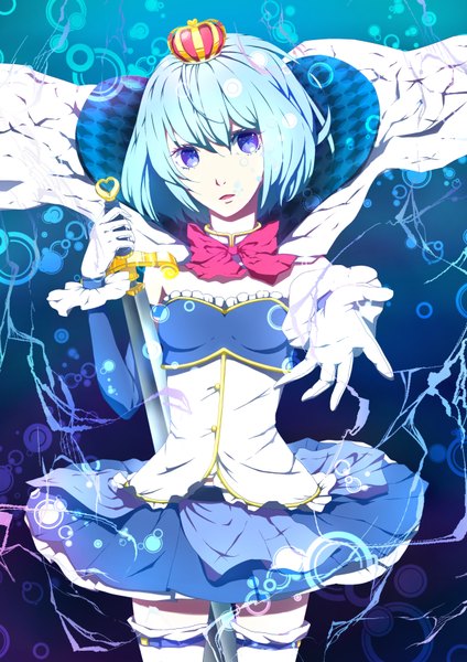 Anime picture 2480x3507 with mahou shoujo madoka magica shaft (studio) miki sayaka single tall image highres short hair open mouth purple eyes blue hair girl dress skirt gloves weapon sword bowtie crown