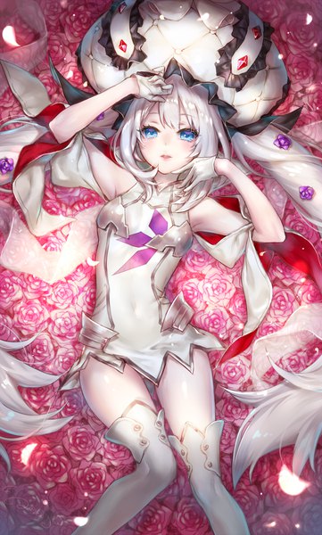 Anime picture 904x1500 with fate (series) fate/grand order marie antoinette (fate/grand order) ao+beni single tall image looking at viewer blush fringe blue eyes light erotic twintails payot silver hair bent knee (knees) lying very long hair parted lips hair flower arms up