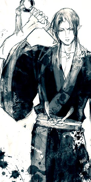 Anime picture 450x891 with hoozuki no reitetsu wit studio hoozuki (hoozuki no reitetsu) akgi single tall image looking at viewer short hair white background traditional clothes japanese clothes arm up horn (horns) pointy ears monochrome serious oni horns boy weapon yukata
