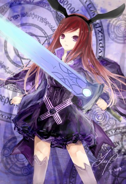 Anime picture 2894x4233 with fairy tail erza scarlet jomill single long hair tall image looking at viewer fringe highres standing purple eyes holding signed animal ears red hair bunny ears girl thighhighs dress weapon