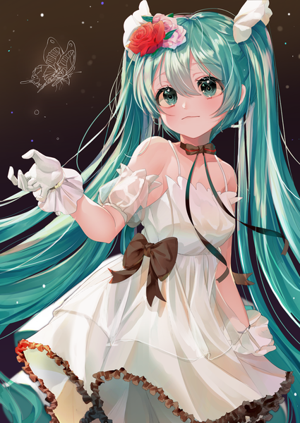 Anime picture 1807x2551 with vocaloid miku with you (vocaloid) hatsune miku myowa single tall image blush fringe highres simple background hair between eyes standing twintails bare shoulders payot looking away very long hair aqua eyes wind aqua hair