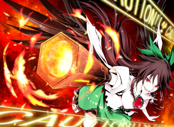 Anime picture 1280x938 with touhou reiuji utsuho pkk single long hair red eyes brown hair black wings arm cannon girl skirt bow weapon hair bow wings fire green skirt