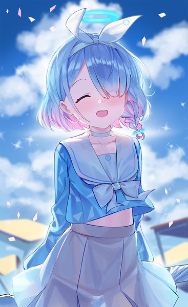 Anime picture 1000x1635 with blue archive arona (blue archive) ohihil single tall image fringe short hair blue hair sky cloud (clouds) braid (braids) eyes closed multicolored hair hair over one eye sparkle side braid colored inner hair ^ ^ ^o^ girl
