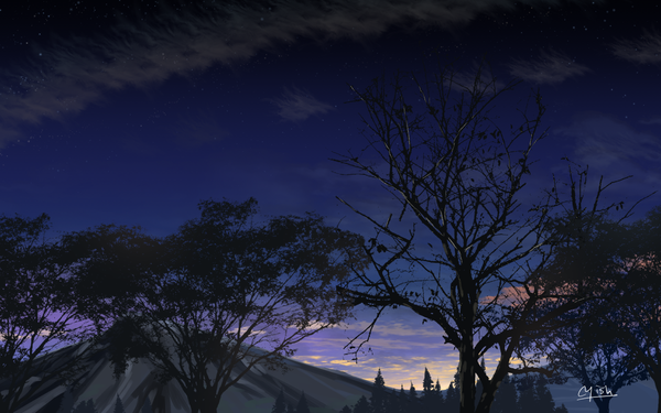 Аниме картинка 1440x900 с оригинальное изображение waisshu (sougyokyuu) подписанный облако (облака) ночь ночное небо гора (горы) без людей восход растение (растения) дерево (деревья) ветка
