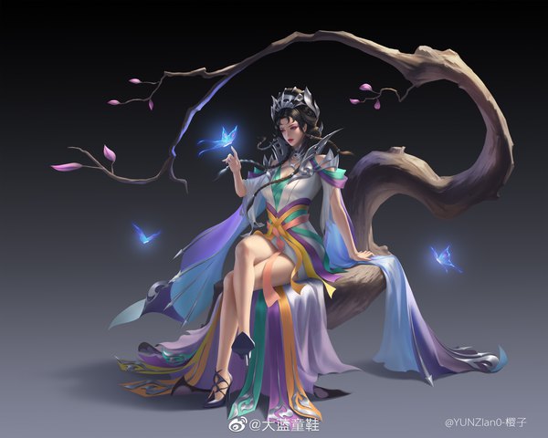 Anime picture 3000x2400 with honor of kings mi yue yunzian0 single long hair highres blue eyes black hair simple background sitting signed looking away full body braid (braids) nail polish traditional clothes parted lips arm up wind realistic