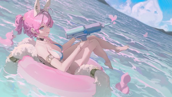 Anime picture 4500x2541 with original dingding (chongsangjun) single looking at viewer fringe highres short hair breasts open mouth blue eyes light erotic smile hair between eyes wide image large breasts holding animal ears pink hair absurdres sky
