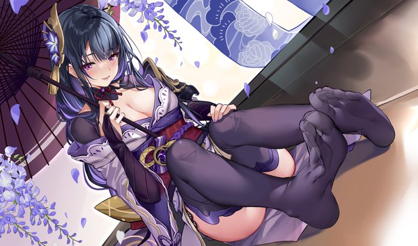 Anime picture 4912x2894 with genshin impact raiden shogun kikimi single long hair highres breasts light erotic black hair wide image large breasts sitting absurdres cleavage full body traditional clothes japanese clothes dutch angle no shoes convenient leg