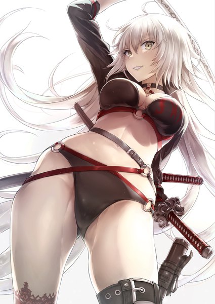 Anime picture 1254x1771 with fate (series) fate/grand order jeanne d'arc (fate) (all) jeanne d'arc alter (fate) jeanne d'arc alter (swimsuit berserker) (fate) akita hika single tall image blush fringe breasts light erotic simple background smile hair between eyes standing white background holding yellow eyes looking away