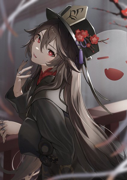 Anime picture 1488x2105 with genshin impact hu tao (genshin impact) boo tao (genshin impact) marumoru single long hair tall image looking at viewer fringe open mouth black hair hair between eyes red eyes standing nail polish fingernails black nail polish ghost plum blossoms girl