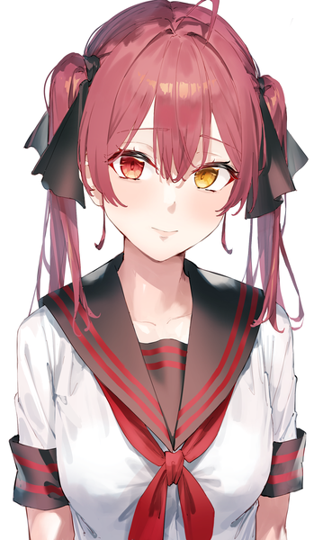 Anime picture 1636x2735 with virtual youtuber hololive houshou marine xkirara39x single long hair tall image looking at viewer fringe hair between eyes twintails upper body ahoge red hair heterochromia girl uniform serafuku