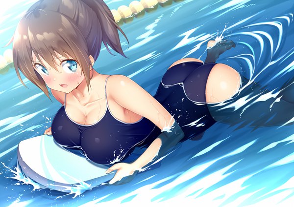 Anime picture 1696x1200 with original kazuma (kazumav) single looking at viewer blush fringe short hair breasts open mouth blue eyes light erotic hair between eyes brown hair large breasts holding payot cleavage ass ponytail embarrassed