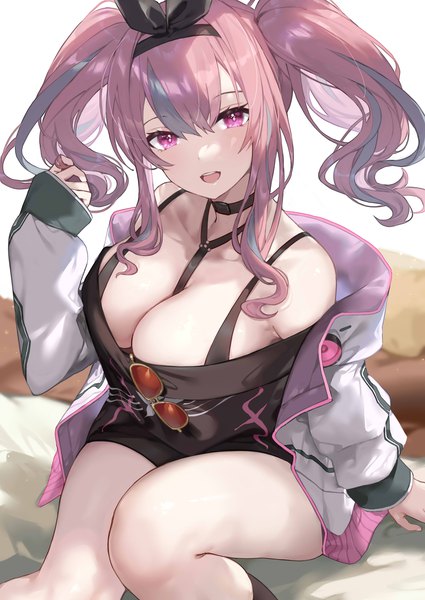 Anime picture 2507x3541 with azur lane bremerton (azur lane) bremerton (day-off date) (azur lane) denchu (kazudentyu) single long hair tall image fringe highres breasts open mouth light erotic hair between eyes large breasts sitting twintails payot pink hair cleavage bent knee (knees)