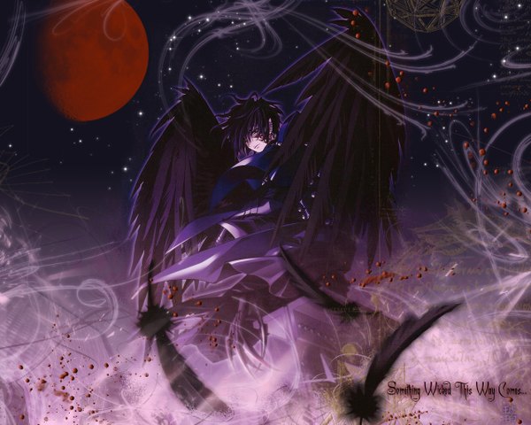 Anime picture 1280x1024 with torus zero carnelian single short hair black hair looking away inscription night wallpaper red moon boy wings feather (feathers) full moon claws