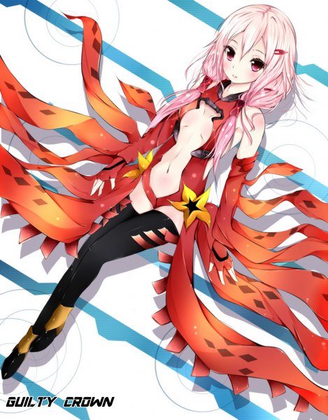 Anime picture 1400x1791 with guilty crown production i.g yuzuriha inori amatsuki hotaru single long hair tall image blush pink hair pink eyes cleavage cutout center opening girl thighhighs navel hair ornament black thighhighs detached sleeves hairclip bodysuit