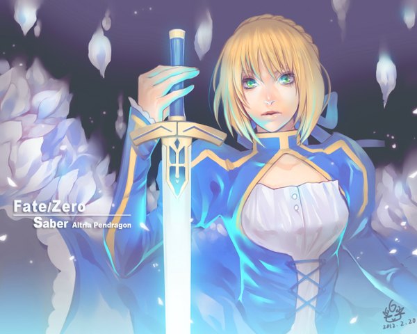 Anime picture 1280x1024 with fate (series) fate/stay night fate/zero studio deen type-moon artoria pendragon (all) saber syusuke0229 single blonde hair green eyes signed realistic inscription girl dress petals sword excalibur