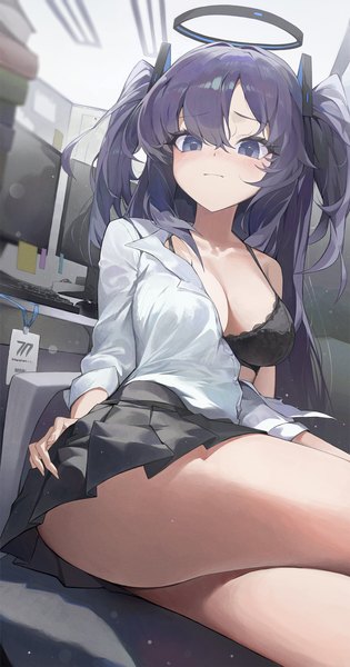 Anime picture 2500x4767 with blue archive yuuka (blue archive) ninebell single long hair tall image looking at viewer blush fringe highres breasts light erotic hair between eyes large breasts sitting purple eyes purple hair indoors pleated skirt fingernails