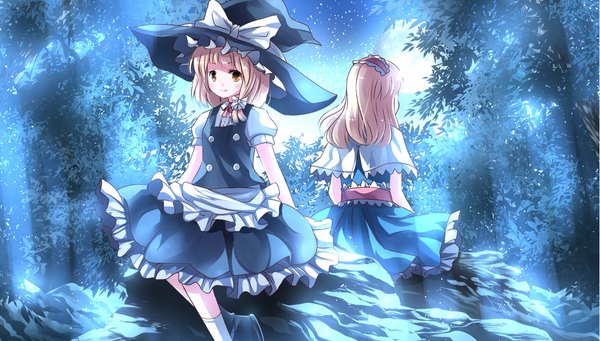 Anime picture 2205x1254 with touhou kirisame marisa alice margatroid risutaru long hair looking at viewer highres short hair blue eyes blonde hair smile wide image sitting multiple girls yellow eyes sky night alternate hairstyle girl dress