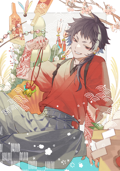 Anime picture 1057x1500 with original uminonew single long hair tall image black hair smile sitting traditional clothes japanese clothes multicolored hair black eyes tattoo streaked hair grin low ponytail eyebrows new year indian style seigaiha