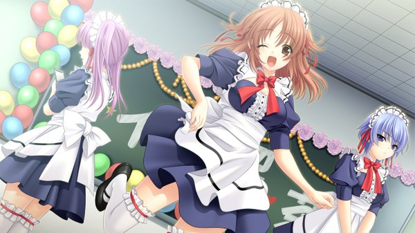 Anime picture 1280x720 with morobito kozorite (game) long hair short hair open mouth blue eyes brown hair wide image multiple girls brown eyes blue hair pink hair game cg maid girl thighhighs white thighhighs 3 girls