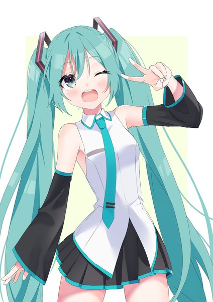 Anime picture 1158x1637 with vocaloid hatsune miku yuki (t-yamayamaji43) single long hair tall image looking at viewer blush fringe open mouth simple background hair between eyes standing twintails bare shoulders payot head tilt pleated skirt one eye closed arm up