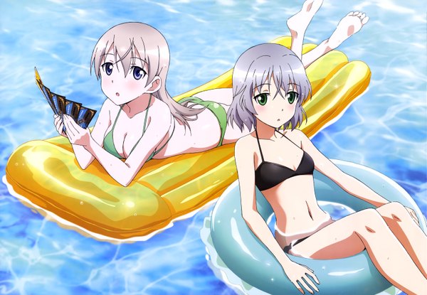 Anime picture 5900x4085 with strike witches nyantype sanya v. litvyak eila ilmatar juutilainen long hair looking at viewer blush highres short hair open mouth blue eyes light erotic multiple girls green eyes absurdres silver hair grey hair official art afloat girl