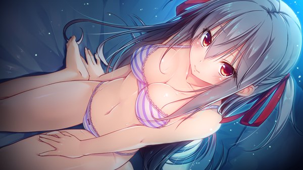 Anime-Bild 1280x720 mit tou no shita no exercitus chloe audiard rozea (graphmelt) kokusan moyashi single long hair looking at viewer blush fringe breasts light erotic hair between eyes red eyes wide image sitting payot game cg cleavage barefoot grey hair