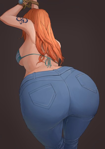 Anime-Bild 2125x3000 mit one piece toei animation nami (one piece) ano (gccx8784) single long hair tall image highres breasts light erotic simple background standing ass from behind orange hair grey background arms up tattoo leaning leaning forward
