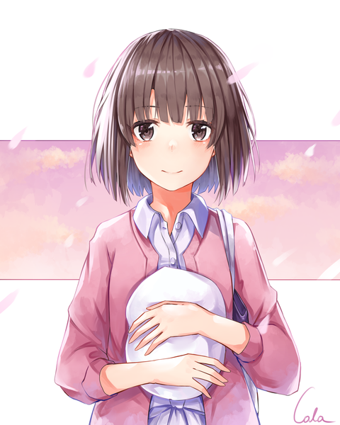 Anime picture 3780x4724 with saenai heroine no sodatekata a-1 pictures katou megumi black cola single tall image looking at viewer fringe highres short hair brown hair brown eyes signed absurdres upper body light smile hat removed headwear removed girl petals