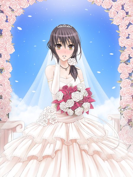 Anime picture 1100x1468 with kaichou wa maid-sama! ayuzawa misaki sunimu single long hair tall image looking at viewer blush black hair brown eyes wedding girl dress flower (flowers) petals bouquet wedding dress wedding veil