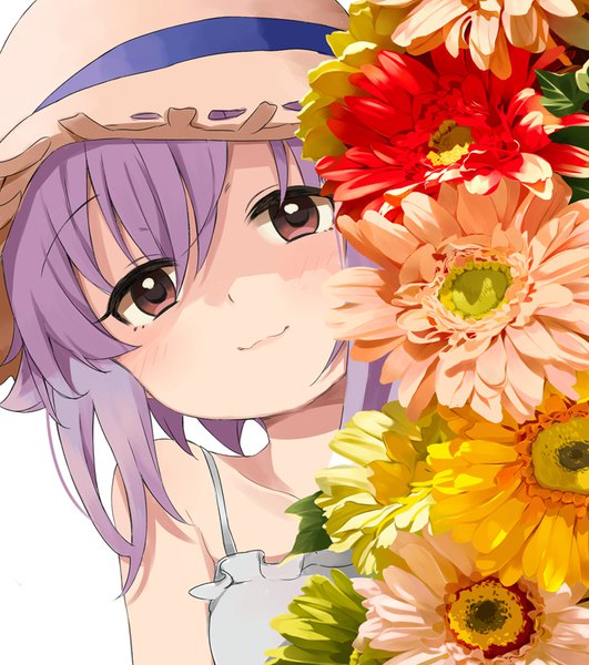 Anime picture 708x800 with idolmaster idolmaster cinderella girls koshimizu sachiko kirarin369 single tall image looking at viewer short hair simple background white background brown eyes purple hair head tilt shaded face face :3 girl flower (flowers) hat