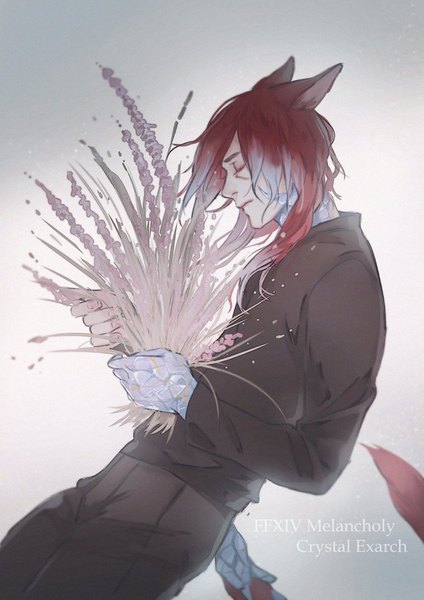 Anime picture 636x900 with final fantasy final fantasy xiv square enix miqo'te crystal exarch g'raha tia saito yukihiro single long hair tall image fringe simple background standing holding animal ears payot red hair tail eyes closed long sleeves
