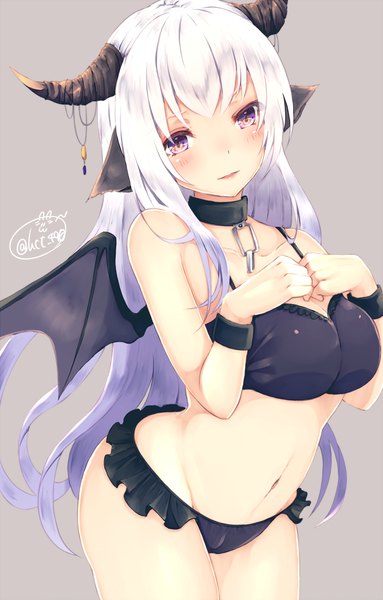Anime picture 639x1000 with original chita (ketchup) single long hair tall image looking at viewer blush fringe light erotic simple background signed purple hair white hair head tilt pink eyes horn (horns) grey background hand on chest gradient hair demon girl