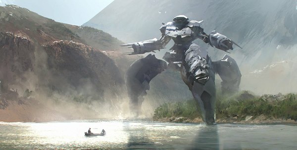 Anime picture 1200x607 with original tiger1313 wide image mountain fog lake water robot mecha watercraft boat